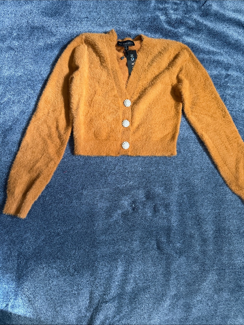 Textured Burnt Orange Cropped Cardigan with Decorative Buttons